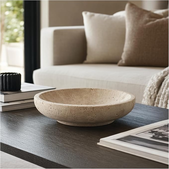 Natural Travertine Decorative Bowl 7.8", Fruit Bowl for Kitchen Counter & Natural Stone Centerpiece for Coffee Table Decor, For Entryway, Kitchen Fruit Bowl, Potpourri, Dining Table Centerpiece.