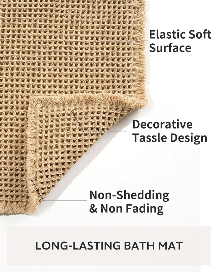 Waffle Bath Mat, Super Absorbent Non Slip Bath Mat Ultra Soft Bathmat Machine Washable Bath Rugs with Tassels, Beside Tub, 20" x 32", Brown