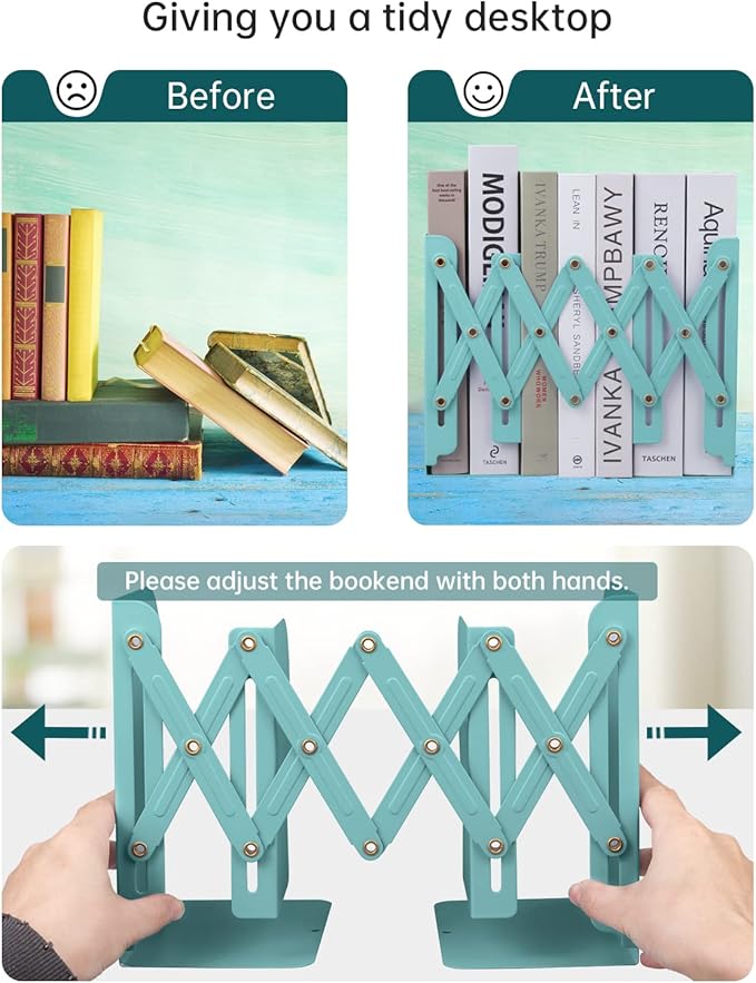 Honagu Adjustable Bookends, Metal Book Ends for Shelves Heavy Book, Desk Magazine File Organizer for Home, Office, Books, Papers, Extends up to 19 inches, Gifts for Students,Teachers (Light Green)