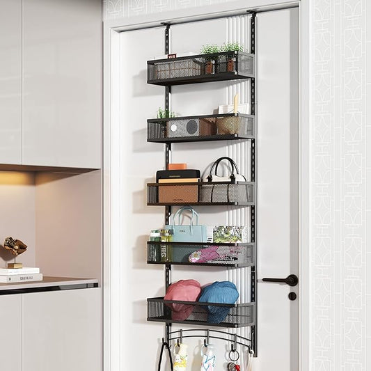 Space-Saving Over The Door Organizer with 5 Adjustable Baskets & 5 Hooks, Metal Wall Mount Storage Rack, Behind The Door Storage for Bathroom, Kitchen, Pantry, Laundry Room (Black)