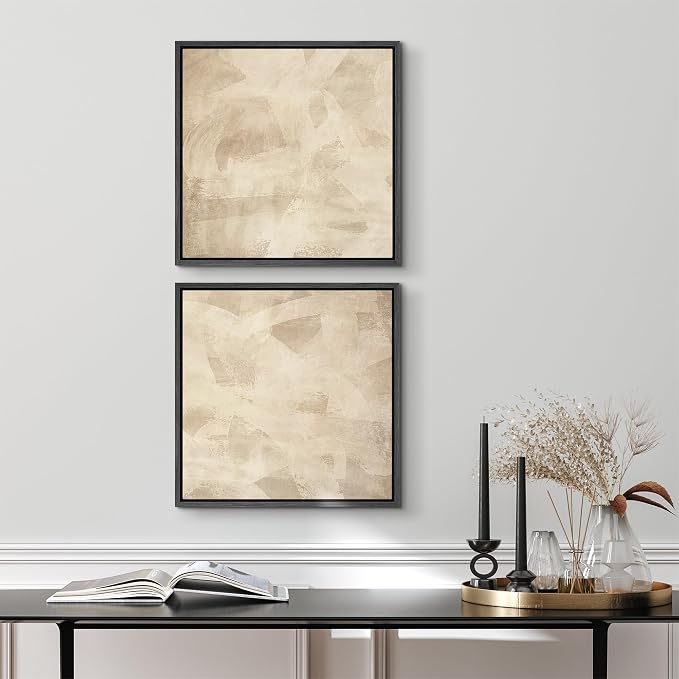 SIGNFORD Framed Canvas Print Wall Art Set Vintage Neutral Abstract Brushstroke Beige & Off-White Illustrations Modern Art Minimal Relax/Calm for Living Room, Bedroom, Office - 16"x16"x2 BLACK