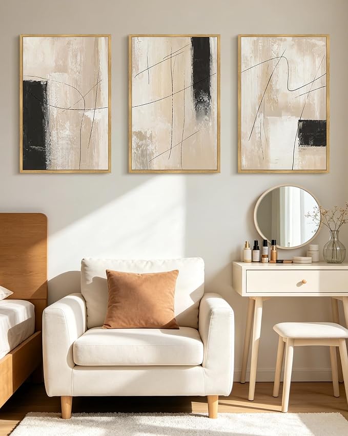 KUVIOKE Abstract Framed Wall Art Minimalist Beige Pastel Watercolor Neutral Wall Decor Modern Black Line Art Painting for Bedroom Dining Room 24x36in (Natural Framed)