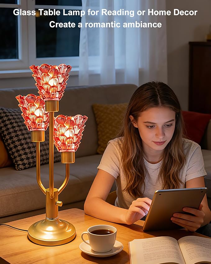Lightdot Modern Glass Table Lamp for Living Room Dimmable Mid Century Desk Lamp with Thickened Red Glass 3 Bulbs Included 3000K Warmwhite Nightstand Lamp for Bedroom Bedside End Table-Gold