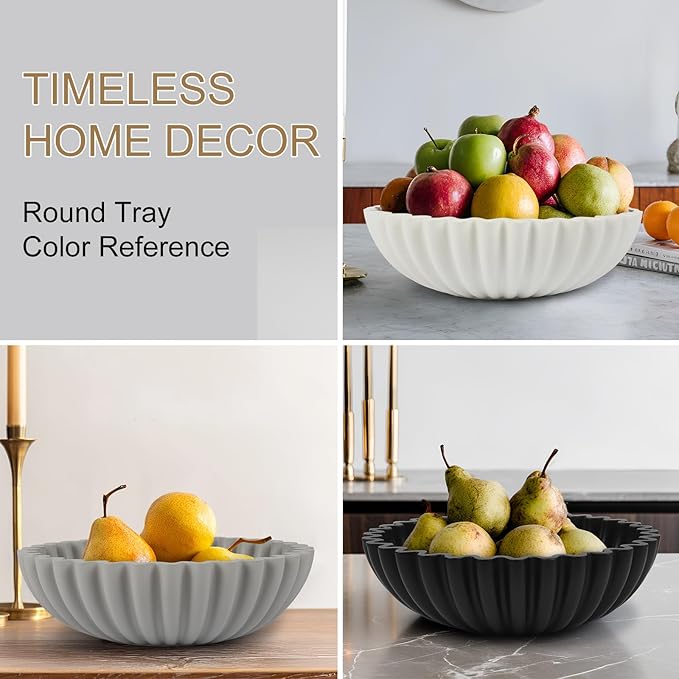 Large Decorative Bowl for Home Decor - Centerpiece for Coffee Table,Dining Table,Kitchen, Entryway Key bowl & Fruit Display - Modern Concrete Stone Design (Black)