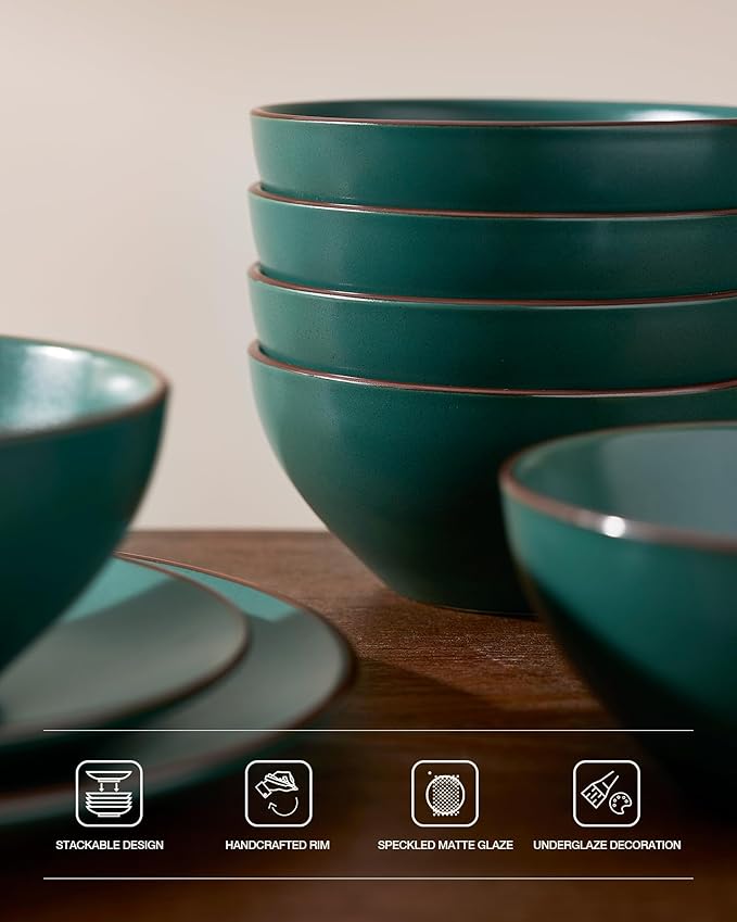 Famiware Venus 24-Piece Plates and Bowls Sets for 8, Stoneware Dinnerware Set with Trim, Modern Minimalist Dishes for Everyday & Formal Use, Chip Resistant, Microwave/Dishwasher Safe, Matte Dark Green