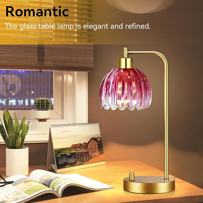 ILLMTW Pink Table Lamp Set of 2,Small Gold Bedside Lamps Dimmable Boho Bedroom Lamp with Tulip Flower Glass Lamp Shade,Vintage Mid Century Modern Mini Nightstand Lamp for Kids Bedroom Living Room