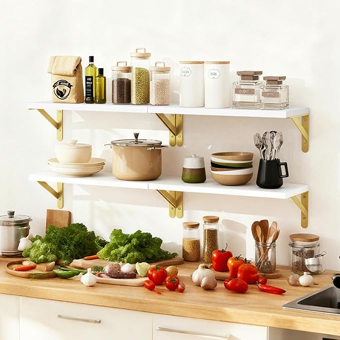 Fixwal White Shelves, Wood Wall Floating Mounted Shelves for Bedroom, Bathroom, Living Room, Kitchen Storage and Decor(White, Set of 4, 16.5 Inch)
