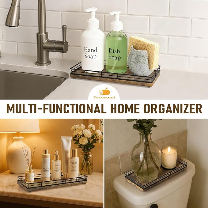 Bathroom Vanity Tray for Countertop, 12" x 6" Wood Toilet Tank Tray with Metal Guardrail, Bathroom Organizer for Soap, Perfume & Skincare, Non-Slip Decorative Tray for Dresser, Black & Rustic Brown