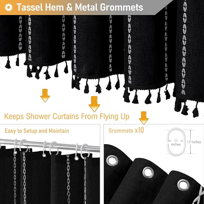 BTTN Stall Shower Curtain - 60x84 Long Boho Farmhouse Linen Fabric Tassel Shower Curtain Set with 10 Plastic Hooks, Narrow Bohemian Country Chic Decorative Shower Curtains for Bathroom，Black and White