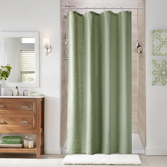 Naturoom 42 Inch Shower Curtain - Stall Narrow Half Green Linen Ultra Thick Fabric Shower Curtain Set with Hooks, Boho Farmhouse Rustic RV Camper Bath Curtains for Bathroom, Sage Green, 42 x 72