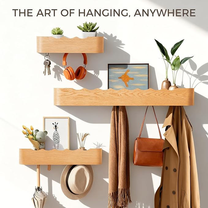 Coat Rack Wall Mount with Shelf Entryway Shelf Modern Key Holder Hanger Wall Shelves with Hidden Hooks for Hanging Towels Coats Hats Bags for Hallway Bathroom Bedroom(Wavy Oak, 4 Hooks)