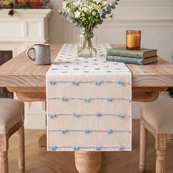 Artoid Mode Sky Blue Boho Farmhouse Cotton Woven Table Runner, Seasonal Summer Kitchen Dining Table Decoration for Home Party Decor 12x36 Inch