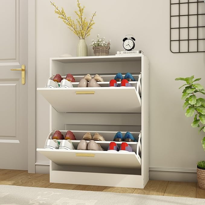Shoe Cabinet Storage for Entryway, White Shoe Organizer with 2 Flip Drawers & Open Shelf, Freestanding Hidden Large Shoe Storage Cabinet (2pc-White, 2 Flip Drawers)