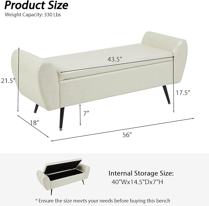 Storage Bench for Bedroom, 57" Extra Long Bench for King Size Bed, Modern Upholstered End of Bed Ottoman Bench with Arms for Entryway Living Room (Vegan Leather, Beige)