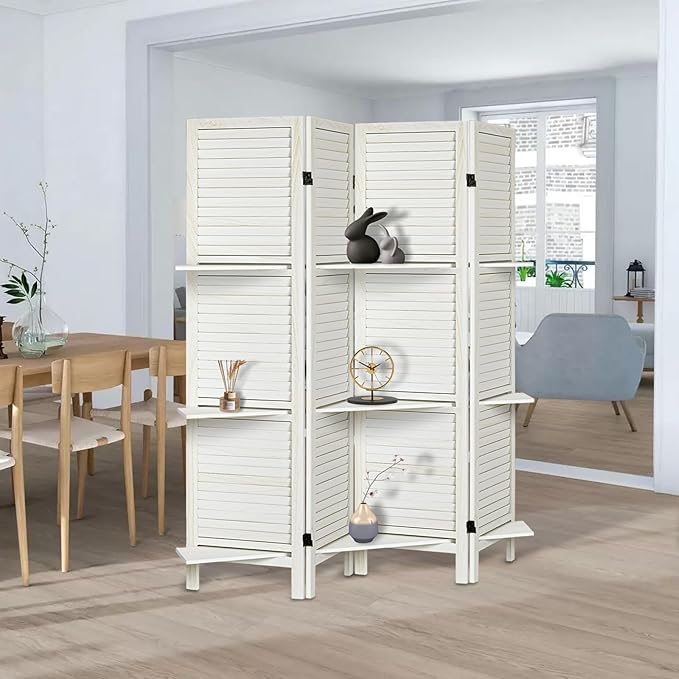 Room Divider with Shelves, Privacy Screen, Room Dividers and Folding Privacy Screens, 4 Panel Wood Temporary Wall Partition Separation Separator, White