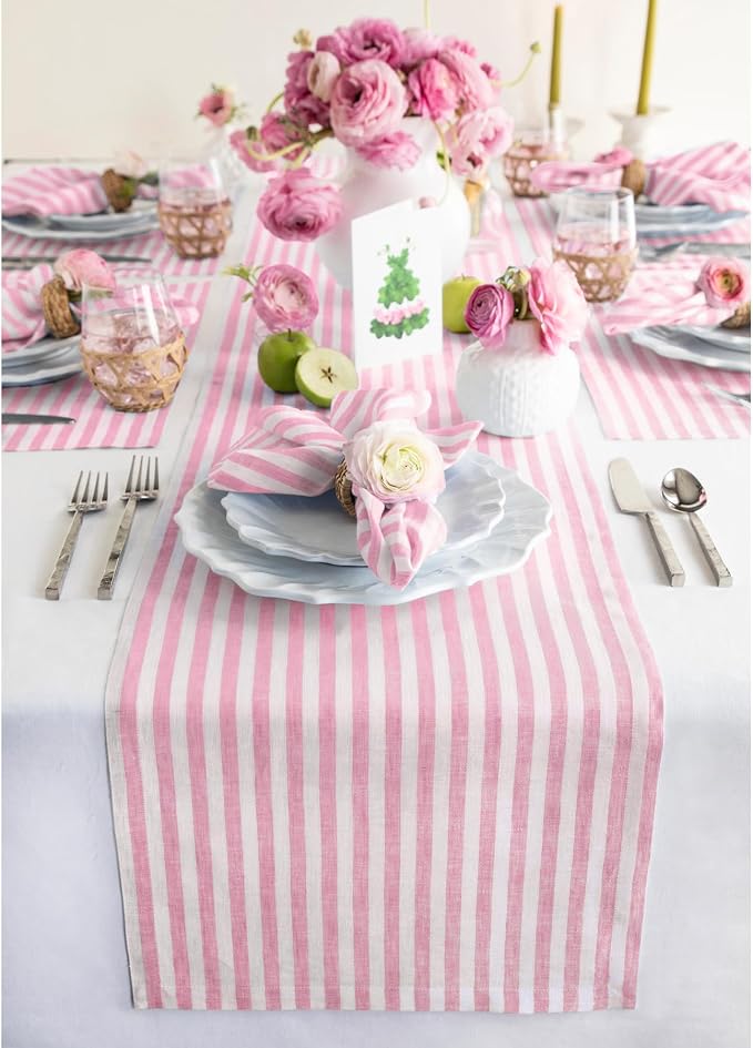 Solino Home Linen Table Runner 156 Inches Long - Amalfi Stripe, 100% Pure Linen Cherry Blossom and White Table Runner 14 x 156 Inch for Dining, Summer
