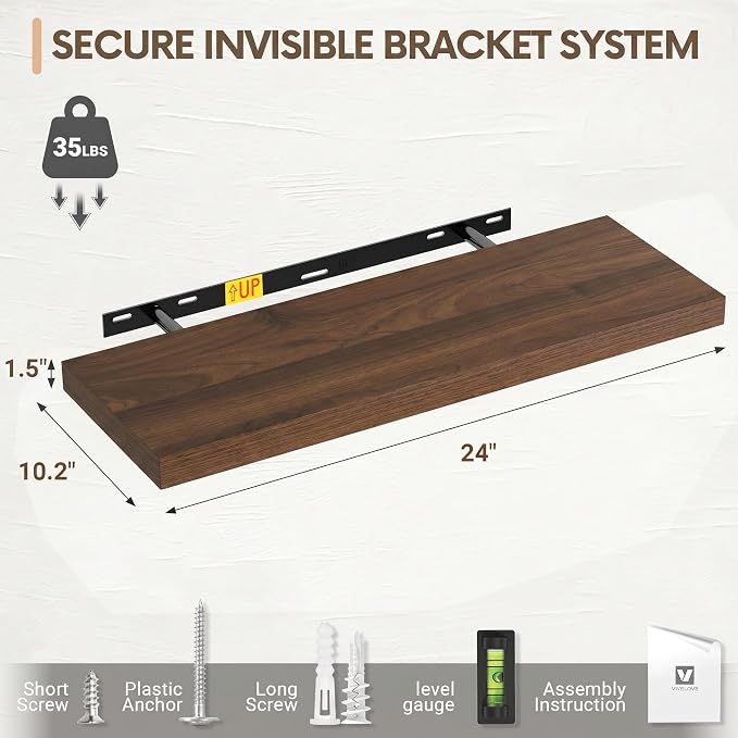 Vivelove 24 Inches Floating Shelves Wall Mounted, 10" Deep Wall Shelves for Bedroom, Bathroom, Living Room, Kitchen, Office, Home Decor, Modern Shelf, Set of 2, Walnut, 24x10.2x1.5