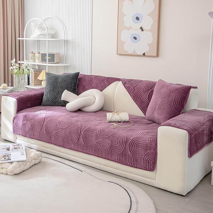 Soft Plush Geometric Quilted Couch Sofa Cover Boho Non Slip Fuzzy Sectional Couch Cover Solid Color Washable Sofa Slipcover Furniture Protector for Kids Dogs Cats (Purple,36"x70")