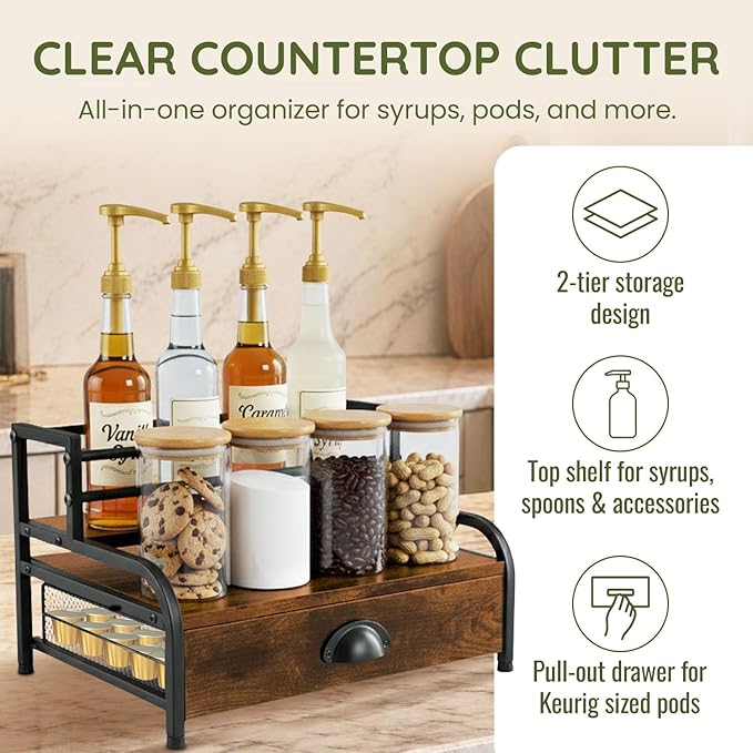 3-Tier Coffee Bar Stand Organizer for Countertop, Rustic Wood & Metal Bottle Display Shelf with Coffee Pod Drawer, Wine Rack, Liquor Display Shelf for Home Coffee Station