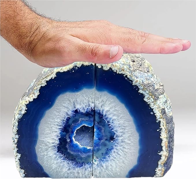 AMOYSTONE Natural Blue Agate Bookends, Heavy-Duty Multi-Purpose Book Ends for Shelves, Decorative Crystal Book Stopper, 4-6 LBS, Perfect for Office Bookcase