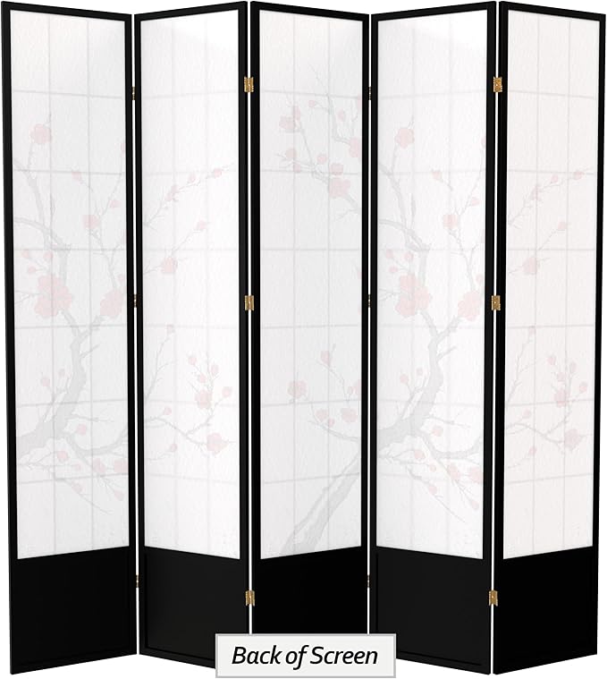Red Lantern 7 ft. Tall Cherry Blossom Shoji Screen - Black - 5 Panels