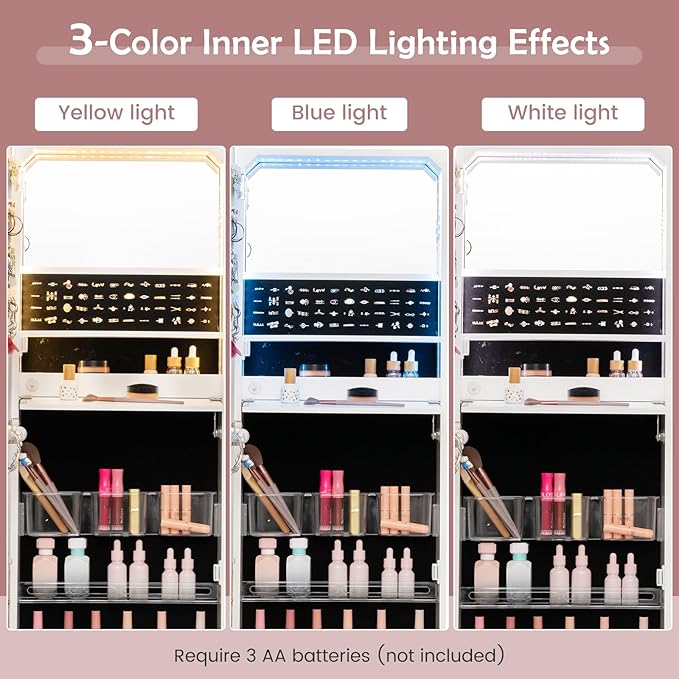 GOFLAME Jewelry Cabinet Armoire Wall Mounted, Lockable Jewelry Storage Organizer with Full-Length Mirror, 3-Color LED Lights, Inner Mirror, 47.2" Tall Jewelry Armoire for Living Room, Bedroom, White
