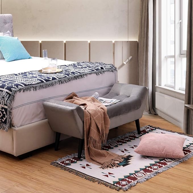 Alunaune Velvet Tufted Ottoman Bed Bench for Bedroom End of Bed Bench, Upholstered Entryway Bench Storage Ottoman Footstools with Wood Legs-2 Seater, Light Gray