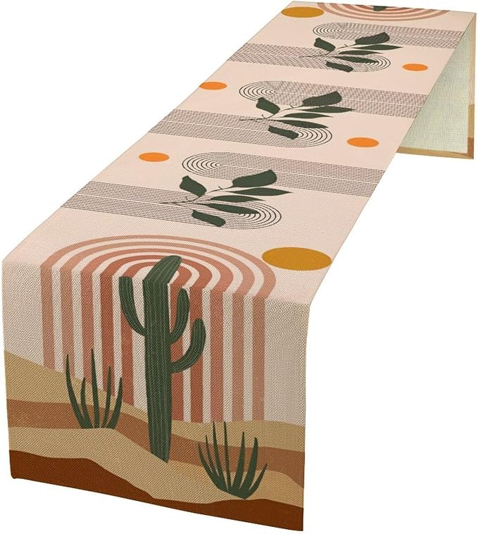Mid Century Modern Table Runner, Boho Sun Tropical Desert Cactus Abstract Arch Print Table Runner for Kitchen Dining Home Party Birthday Decor, 13x108 Inch