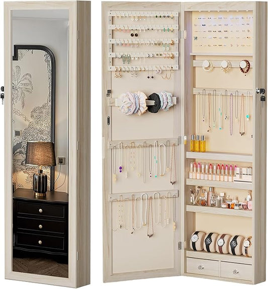 DUMOS 6 LEDs Mirror Jewelry Cabinet, Wall or Door Mounted Jewelry Organizer, 47.2-Inch Tall Lockable Large Capacity Cosmetic Storage, Gift Idea