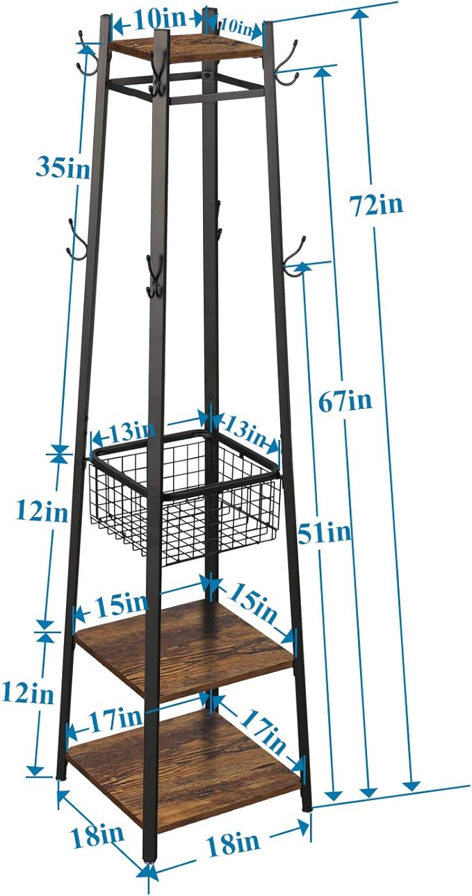 VECELO Industrial Coat Rack,Enterway Clothes Stand with 2 Tier Storage Shelves and Metal Basket,Upgrade Hall Trees with 8 Dual Hooks,Antique Brown
