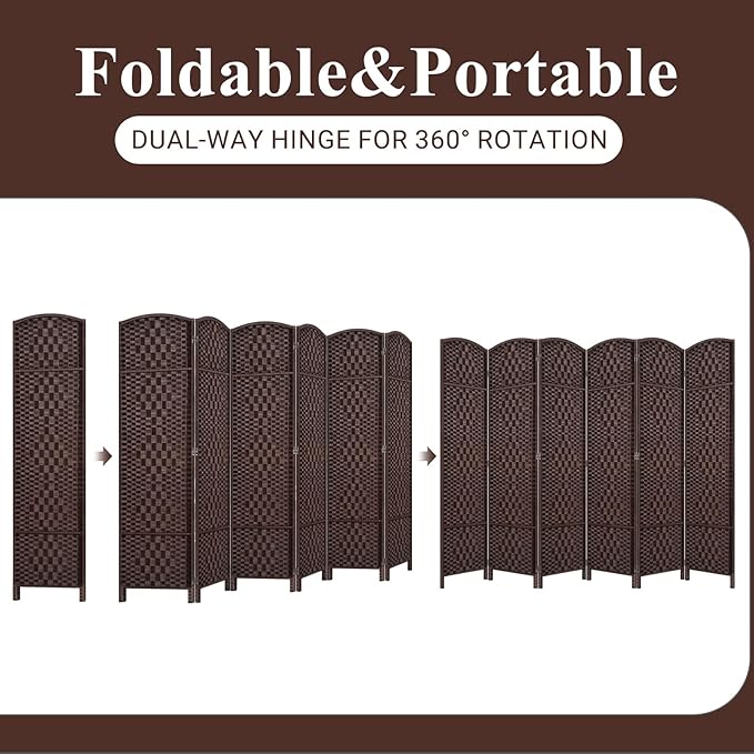 HALLYBEE Room Divider, Room Dividers and Folding Privacy Screens, 16in Privacy Screen, 6 Panel Temporary Wall Partitions, 6ft Space Separation Panel Screen, Brown