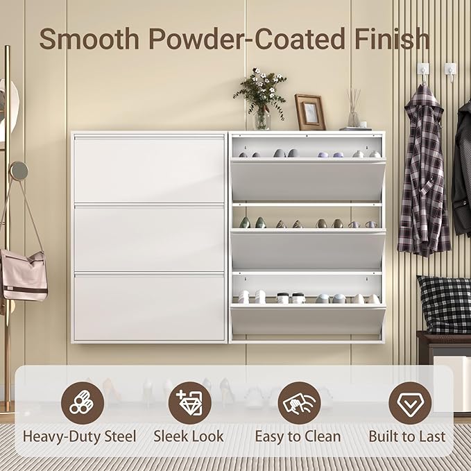 Metal Shoe Cabinet with 3 Flip Drawers, Slim Wall Mounted Steel Shoe Storage Organizer for Entryway, Hallway and Mudroom, White