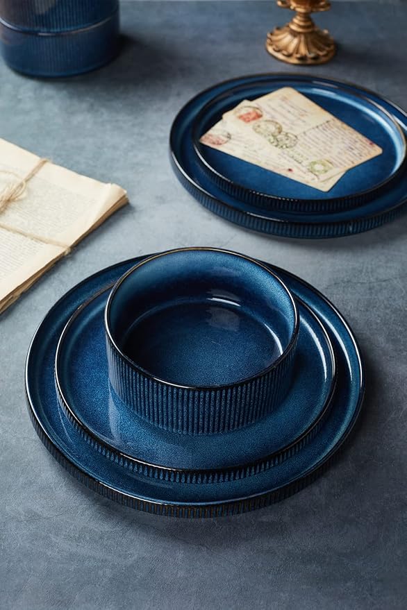 Famiware Star 24-Piece Plates and Bowls Set with Trim, Service for 8 - Stoneware Reactive Glaze Dinnerware, High Edge Ribbed Dishes, Chip & Scratch Resistant, Microwave & Dishwasher Safe, Nebulas Blue