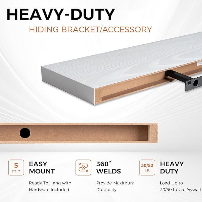 Fun Memories 36Inch Floating Shelves for Wall 2 Pack Wood Shelves for Kitchen, Bathroom, Bedroom Wall Mounted Rustic Wood Floating Shelf with Invisible Brackets for Books, Storage, Decor, White