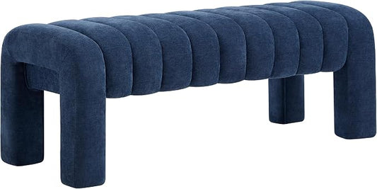 43.3" Bedroom Bench, Upholstered Entryway Bench, Modern End of Bed Ottoman with Solid Wood Legs and Adjustable Foot Pegs for Entryway, Dining Room and Living Room (Blue Chenille)
