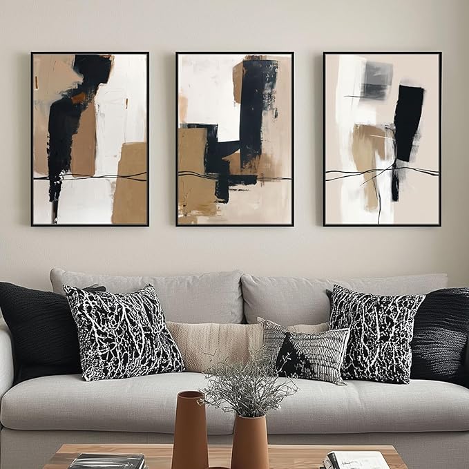 SAFERRYHOME Neutral Abstract Black and Tan Brown Wall Art Framed Canvas Prints, Mid-Century Minimalist Modern Decor Large Artwork for Living Room, Home Office, Dining Room - 3 Panels 24x36 Inch