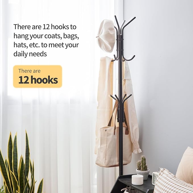 Coat Rack Freestanding,hat and coat rack stand for entryway,Living Room,Bedroom,Metal coat tree with12 Hooks and 3 Legs (Black)