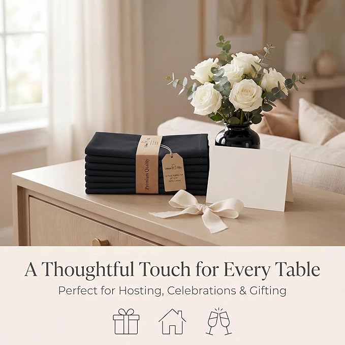 Urban Villa Cloth Napkins 100% Cotton Highly Absorbent Washable Durable Reusable Premium Dinner Napkins Ideal for Gifts for Mothers Day Hotel Farmhouse Parties - Black (20" x 20", Set of 12)