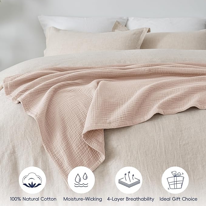 PHF 100% Cotton Muslin Throw Blanket 50" x 60", 4-Layer Lightweight Gauze Throw, Breathable Cloud-Soft Minimalist Blanket for Bed, Couch, Camping, Dusty Pink, Ideal Gift