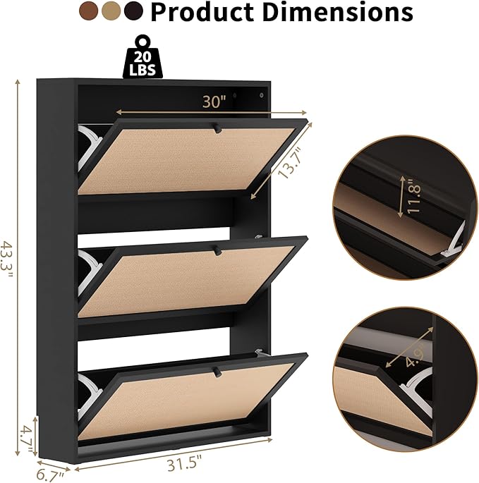 Narrow Shoe Storage Cabinet, 31.5" Slim Shoe Organizer with 3 Flip Drawer, Modern Hidden Shoes Cabinet for Entryway, Non-Divider Drawer Wood Shoe Storage for Hallway, Living Room (Black)