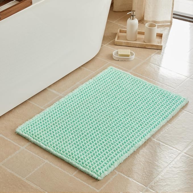 Triohero Waffle Bath Mat, Boho Bathroom Rugs Non Slip Washable, Ultra Soft Super Absorbent Quick Dry Farmhouse Bathroom Decor, 20" x 30", Sea Foam Blue