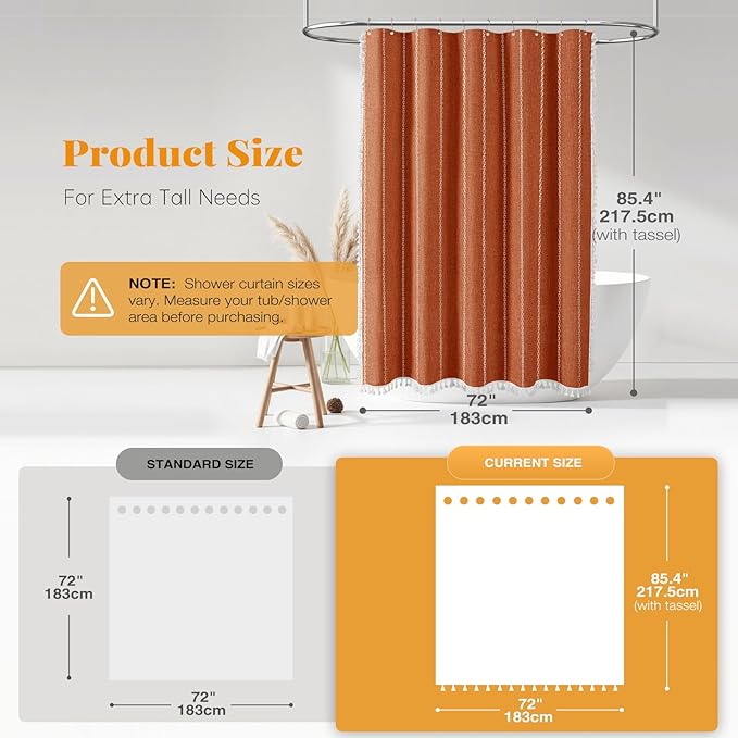 BTTN Boho Farmhouse Shower Curtain - Linen Rustic Heavy Duty Striped Fabric Shower Curtain Set with Tassel, Bohemian Vintage Country Cloth Shower Curtains for Bathroom，Orange，72"W x 84"L (Pack of 1)