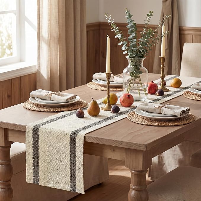 Artoid Mode Dark Grey Stripe Woven Table Runner, Seasonal Holiday Hollow Kitchen Dining Table Decoration for Home Party Decor 12x48 Inch
