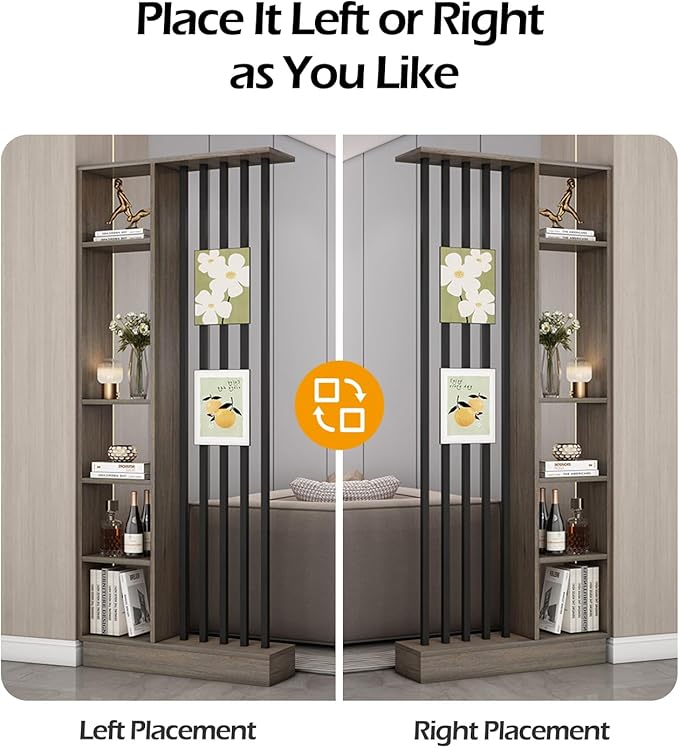 Wall Room Divider, Storage Cabinet Storage Display with Shelves, Modern Freestanding Wood Room Divider Screen, Wall Privacy Screens for Home Decorative (Grey Oak+Black,35.4" L x 9.5" W x 79.5" H)