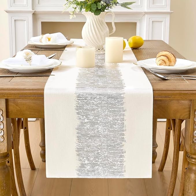 Metallic Style Table Runner, Cotton and Linen Silver Table Runners 108 inches long,Pre-pressed Metal Striping Process, Birthday Wedding Decorations for Home Living Room Decor(Silver, 13"x108")