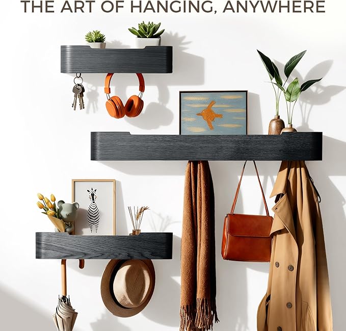 Coat Rack Wall Mount with Shelf Entryway Shelf Modern Key Holder Hanger Wall Shelves with Hidden Hooks for Hanging Towels Coats Hats Bags for Hallway Bathroom Bedroom (Black, 5 Hooks)