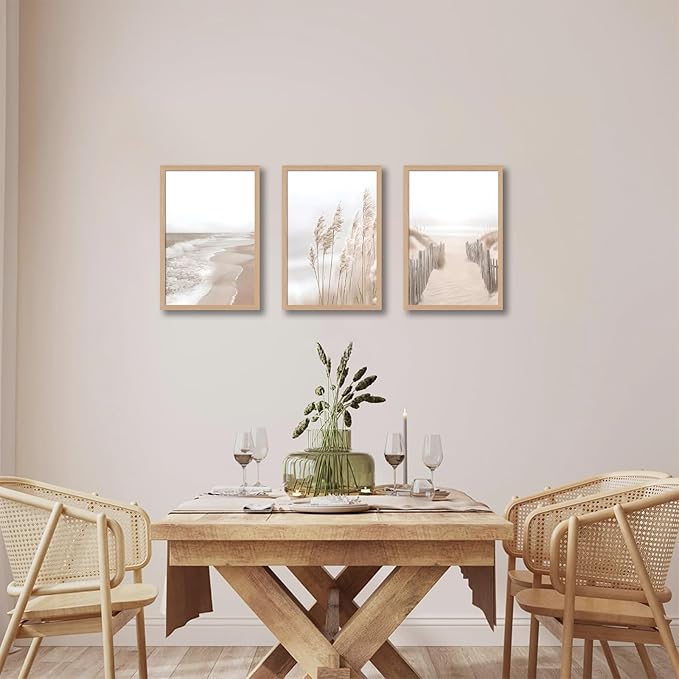 skysoon 3 Piece Neutral Beach Wall Art with Solid Wood Frame, Pampas Grass Boho Coastal Ocean Prints, Natural Wilderness Seascape Painting Set 16x24 Inch