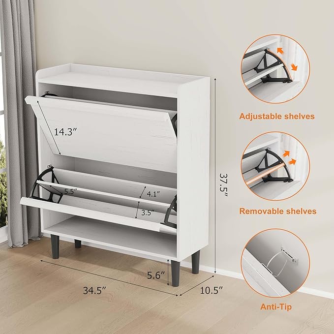 GarveeHome Shoe Cabinet with 2 Flip Drawers, Wooden Shoe Organizer with Adjustable Shelf, Shoe Storage for Entryway, Hidden Shoe Cabinet for Hallway, Living Room, White