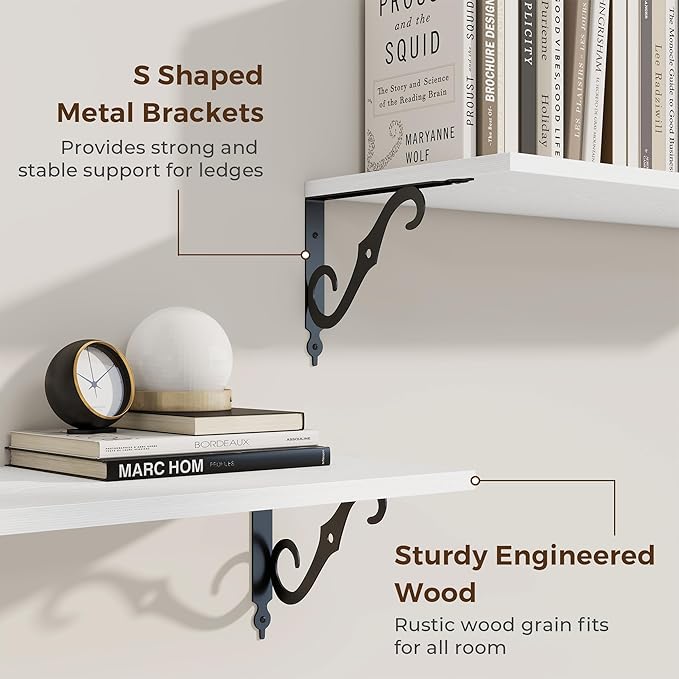 RICHFOCUS 12 Inch Deep Floating Shelves for Wall, 16" W x 12" D Wood Wall Shelves Set of 2, Wide Floating Shelves for Living Room, Bedroom, Kitchen, Bathroom and Decor Storage, White