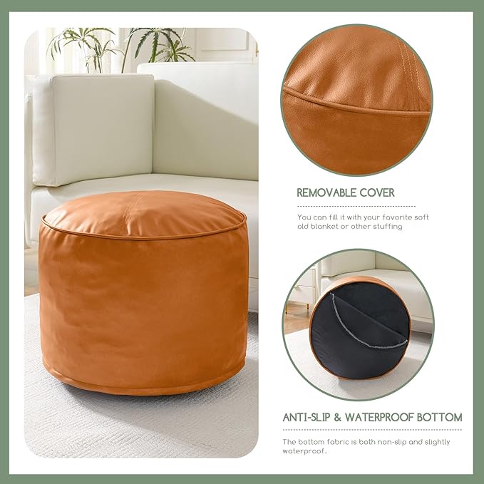 HIGOGOGO Round Stuffed Pouf Ottoman, Pu Leather Poufs with Foam Chunk Filling, Furry and Fluffy Pouf Foot Stool Storage Ottoman, 26 X 18 Floor Poufs Foot Rest for Living Room, Orange